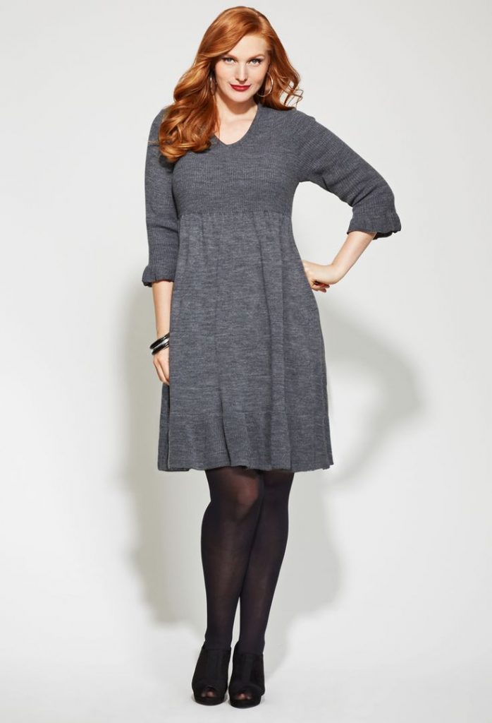 plus size sweater dress with thigh high boots