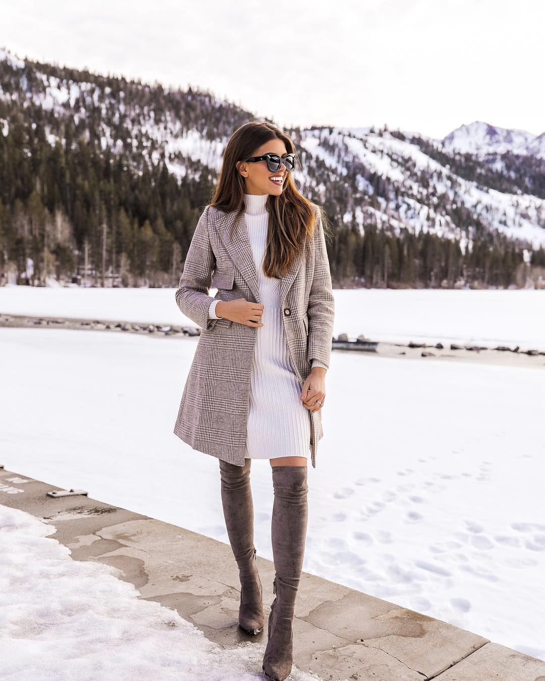 Checkered structured coat with white turtleneck dress and OTK boots for winter 2021