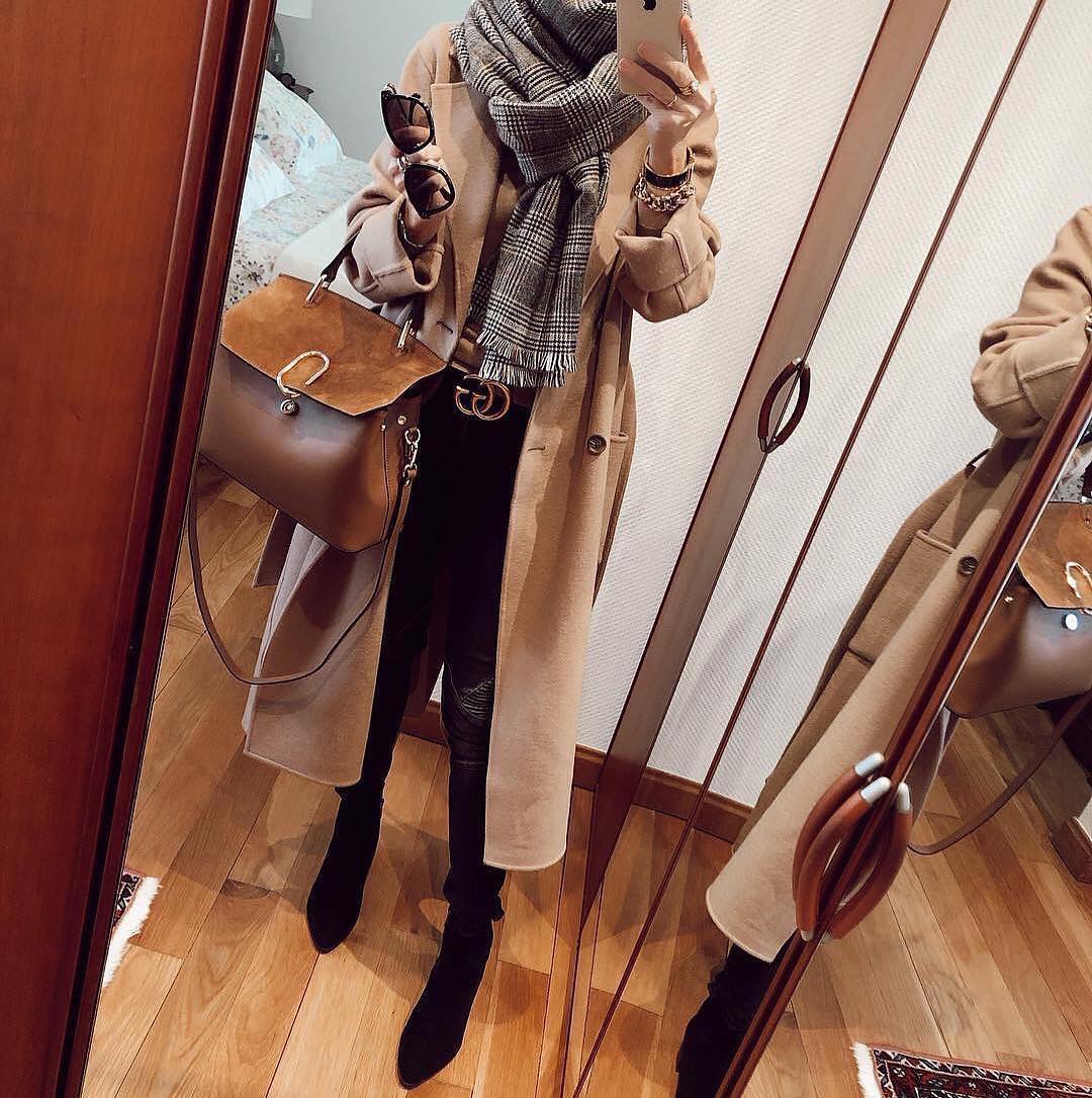 Camel Coat, Plaid Scarf And OTK Boots Outfit – careyfashion.com