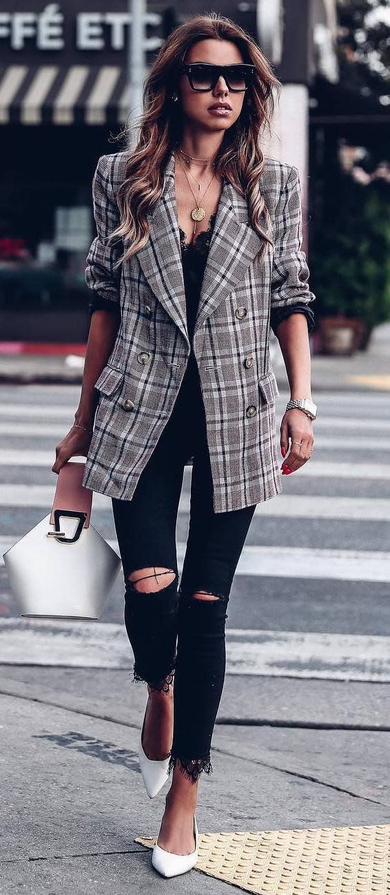 Plaid Coat, Black Top And Ripped Jeans Outfit – careyfashion.com